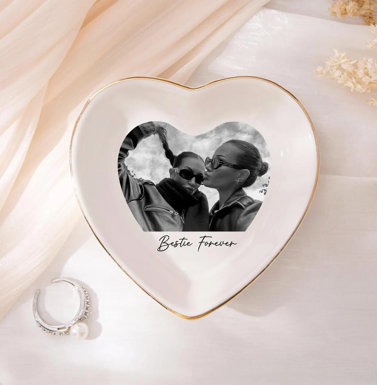 POPPOP Personalized Bestie Photo Jewelry Dish, Custom Ceramic Trinket Tray for Best Friend or Sister, Friendship Gift for Women, Birthday Christmas Keepsake for BFF