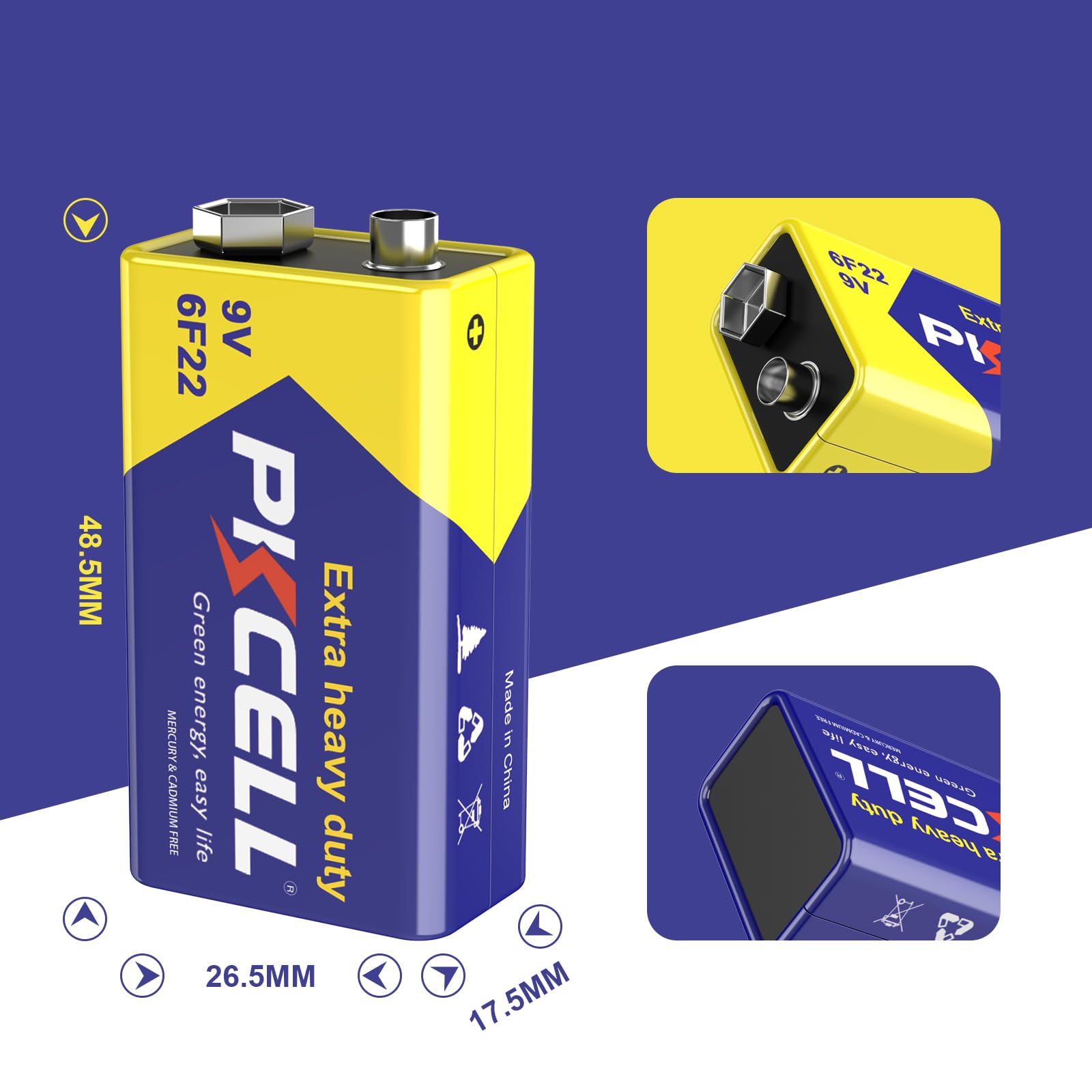 PKCELL 9V Battery Carbon Zinc for Smoke Detectors 6F22 Battery, 10-Year Shelf Life,Ultra Long-Lasting(2 Count)