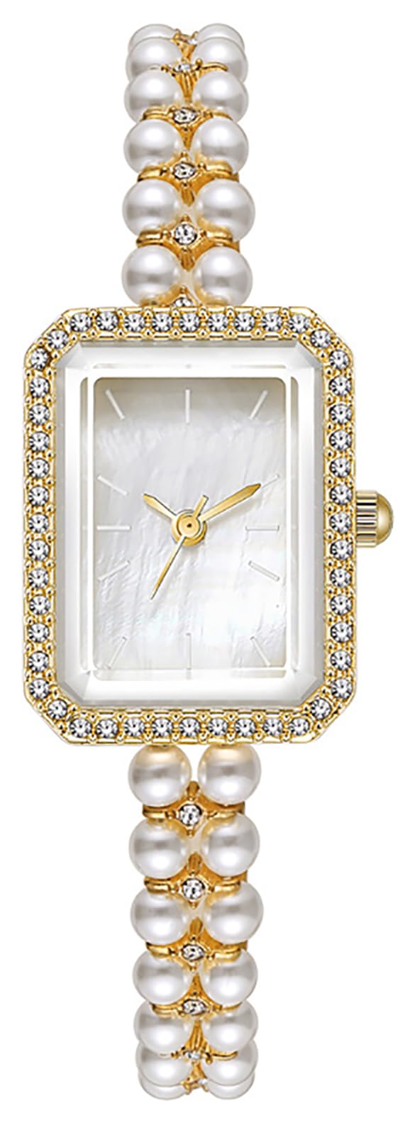 BESTKANG Elegant Pearl Watches for Women Small Square Dial Analog Quartz Watch Pearl Strap Diamonds Bracelet Dress Women's Watch (Gold White)