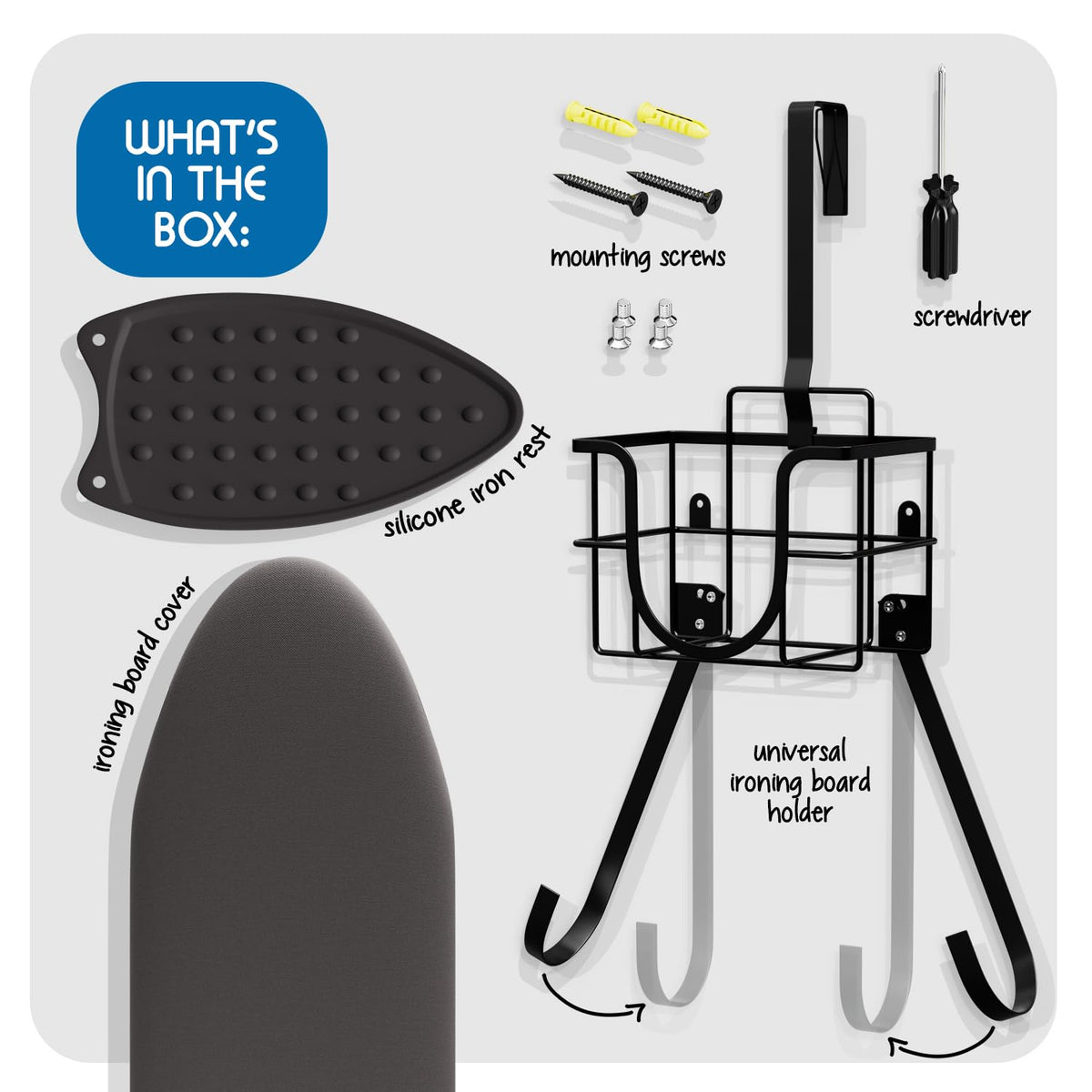 Set of 3 Ironing Board Holder Wall Mount & Over The Door Hanger, Laundry Room Ironing Board & Iron Hanger, Storage Caddy Iron Holder T&V Shaped Ironing Board Cover and Pad Set Full Size Iron Holder