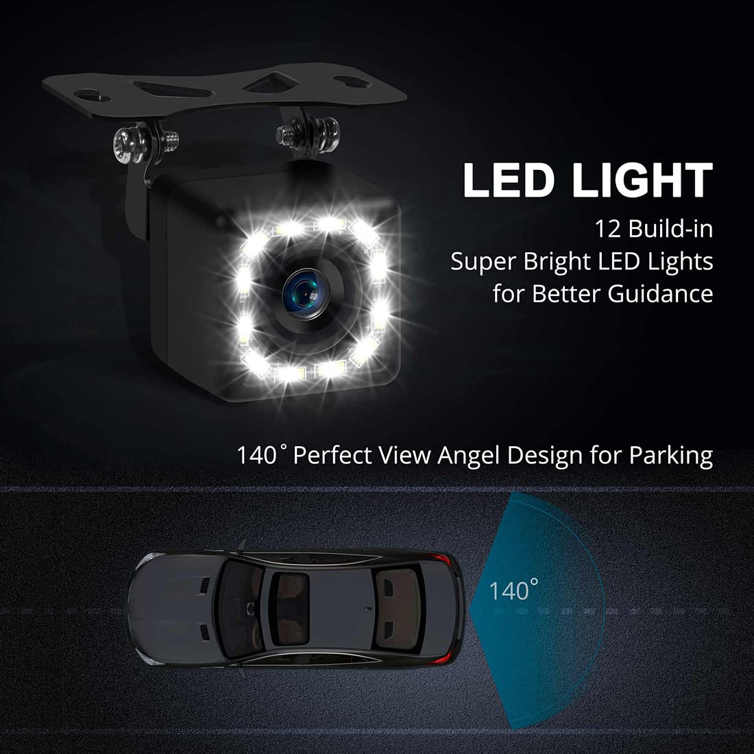 INCLAKE Car Backup Camera, Rear View Camera Ultra HD 12 LED Night Vision, Waterproof Reverse Camera 140° Wide View Angel with Multiple Mount Brackets for Universal Cars, SUV, Trucks, RV and More