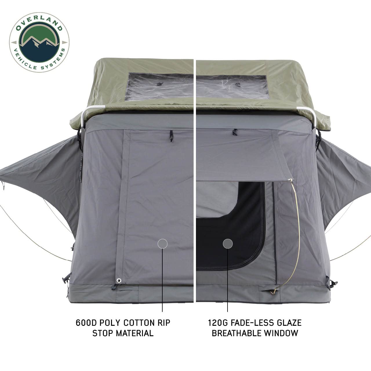 Overland Vehicle Systems HD Nomadic 3 Extended Soft Shell Roof Top Tent - Dark Gray Base with Green Rain Fly & Black 1000G PVC Travel Cover - Black Aluminum Base