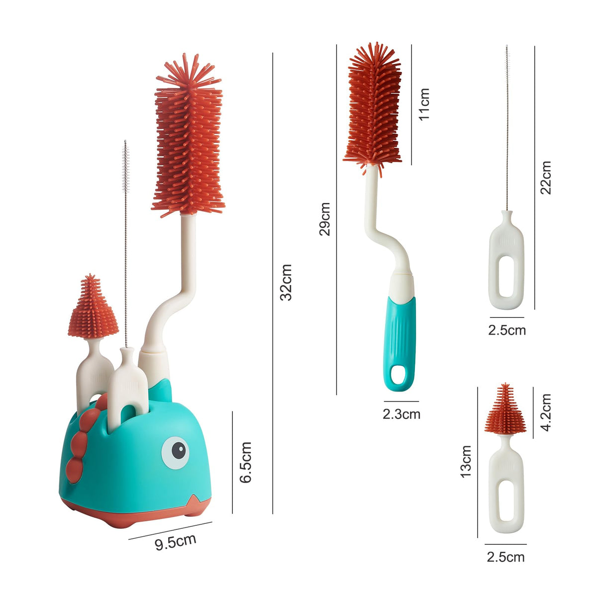 Rabbit Baba Silicone 4-in-1 Baby Bottle Brush Set,Nipple Brush, Bottle Brush, Straw Brush, Safe and Durable, Easy to Clean and Dry,4 Count,Cleaning Set,Uniform Storage Base,Draining Base (yellow Base)