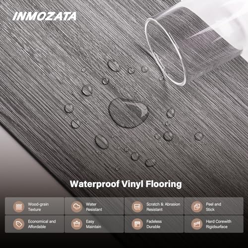 Peel and Stick Floor Tile, INMOZATA 36-Pack 54 Sq.Ft Self Adhesive Vinyl Plank Flooring Wood Grain Look 36x6 Inch Waterproof Tile Sticker for Bedroom, Living Room, Kitchen, RV (Dark Gray)