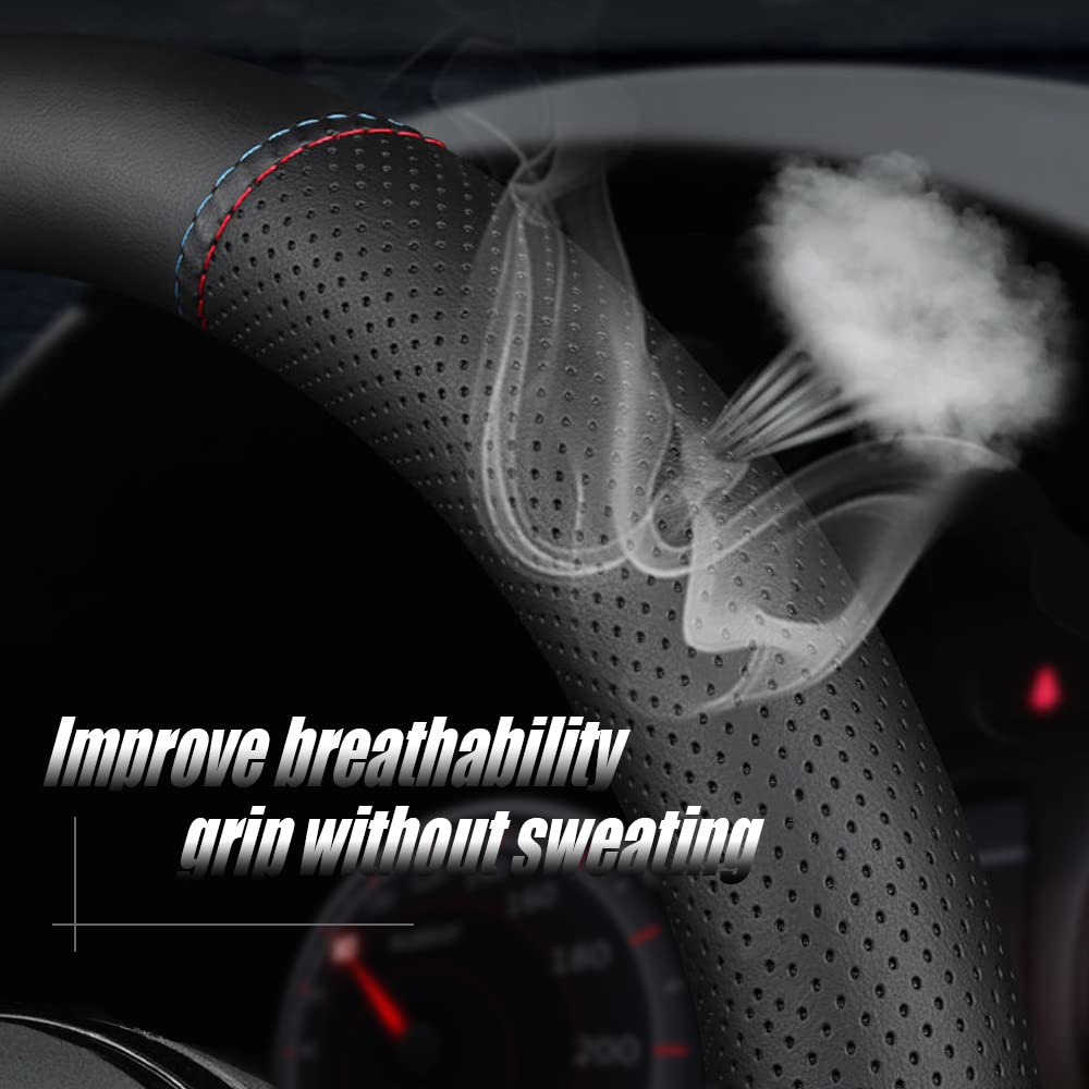YOUDAXIN New Nappa Leather Car Steering Wheel Cover, Comfortable, Non-Slip, Sport Style Universal 15". Black Blue