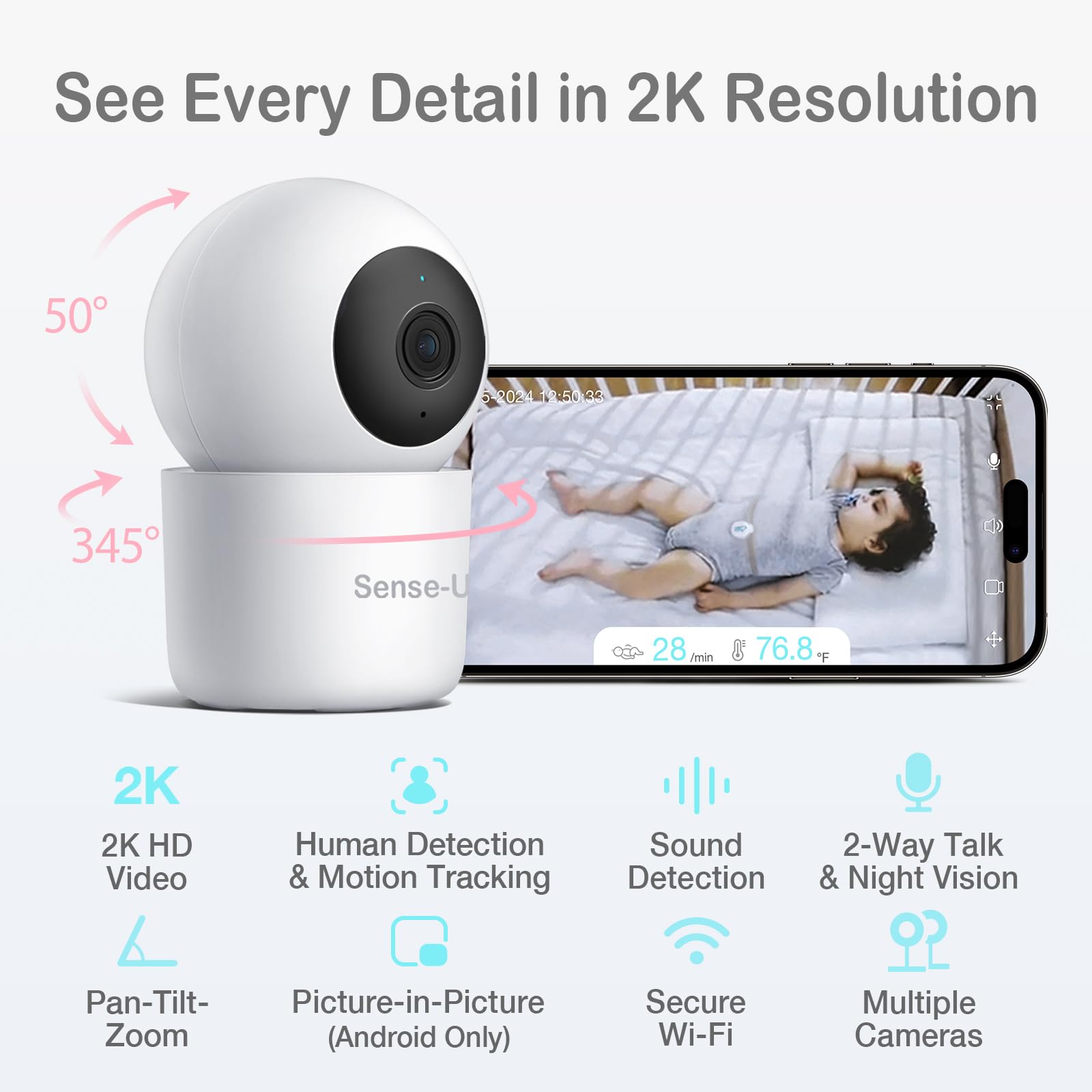 Sense-U Smart 2K Video Baby Monitor, Pan/Tilt, Person/Baby Crying/Motion Detection, 2-Way Talk, Night Vision, Background Audio, No Monthly Fee (Compatible with Smart Baby Monitor)