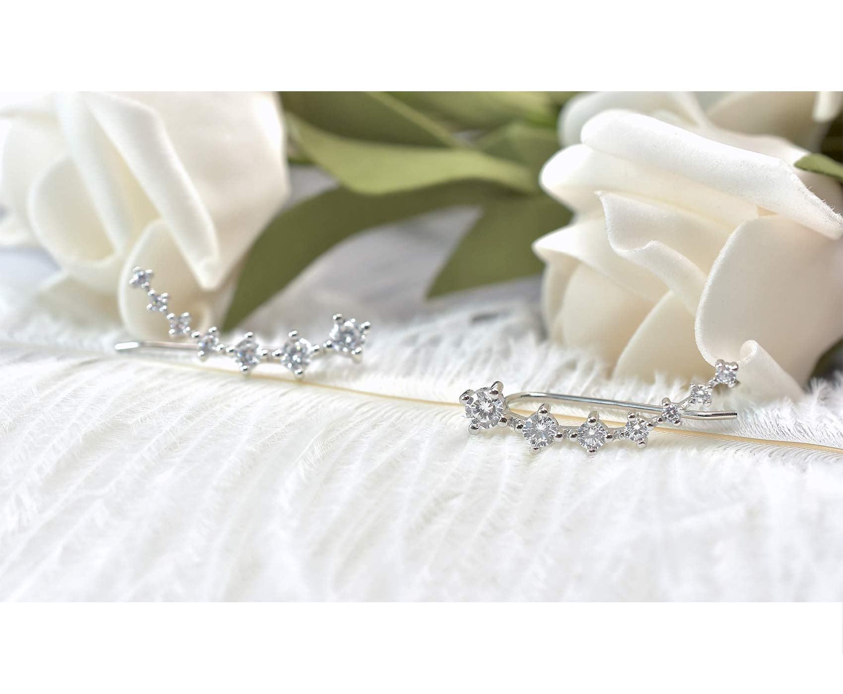 Sterling Silver Climber Earrings for Women 7 Crystals Ear Cuffs Cartilage Hypoallergenic Jewelry Dainty Fashion Birthday Gift for Women (Silver)