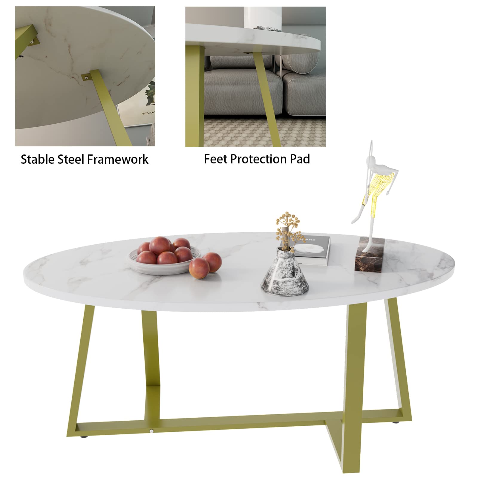 Wolawu Oval Faux Marble Coffee Table - Modern Gold Elliptic Side End Table for Living Room and Kitchen