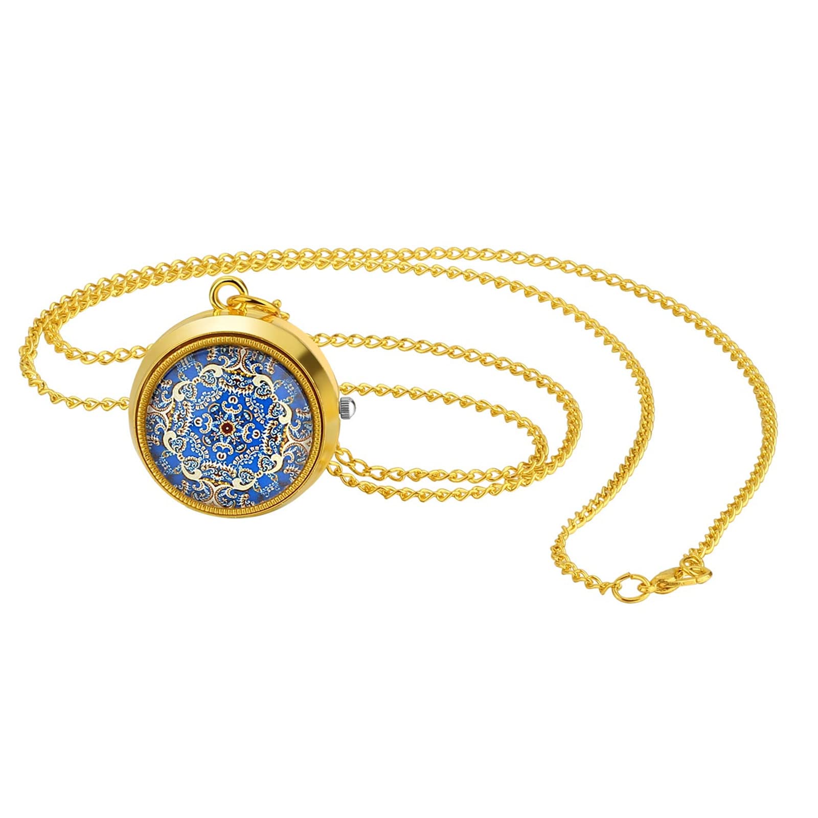 JewelryWe Vintage Pocket Watch for Women Classic Gold Plated Round Analog Quartz Watch Clock Pendant Necklace Watch with Chain