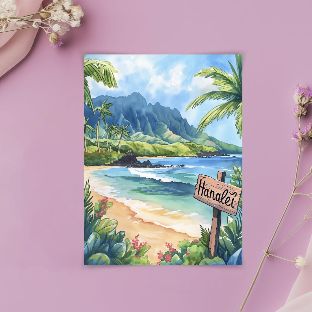 5x7 Hanalei Bay Watercolor Print, Hawaiian Tropical Beach Art, Kauai Decor, UNFRAMED