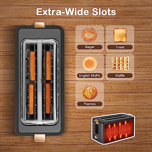 Mecity 4 Slice Toaster, Long Slot Toaster With Warming Rack, Bagel/Defrost/Reheat Functions,Warming Rack, Crumb Tray, 6 Browning Settings, Extra Wide Long Slots, Stainless Steel, 1300W,Grey