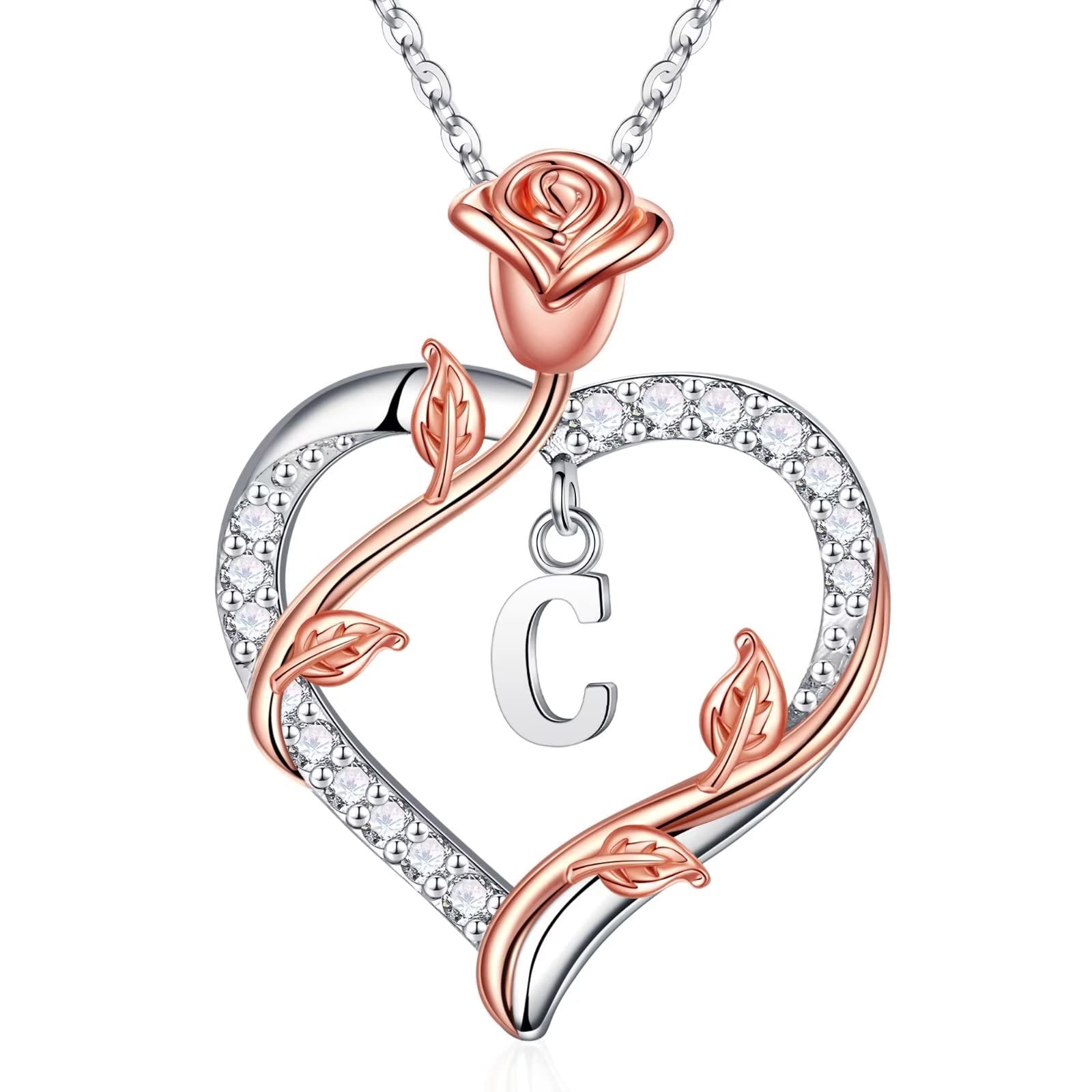 Necklace Gifts for Women, 925 Sterling Silver Rose Love Heart Initial C Letter Pendant Necklace Jewelry Mothers Day Valentines Christmas Gifts for Mom Wife Girlfriend Anniversary Birthday Gifts
