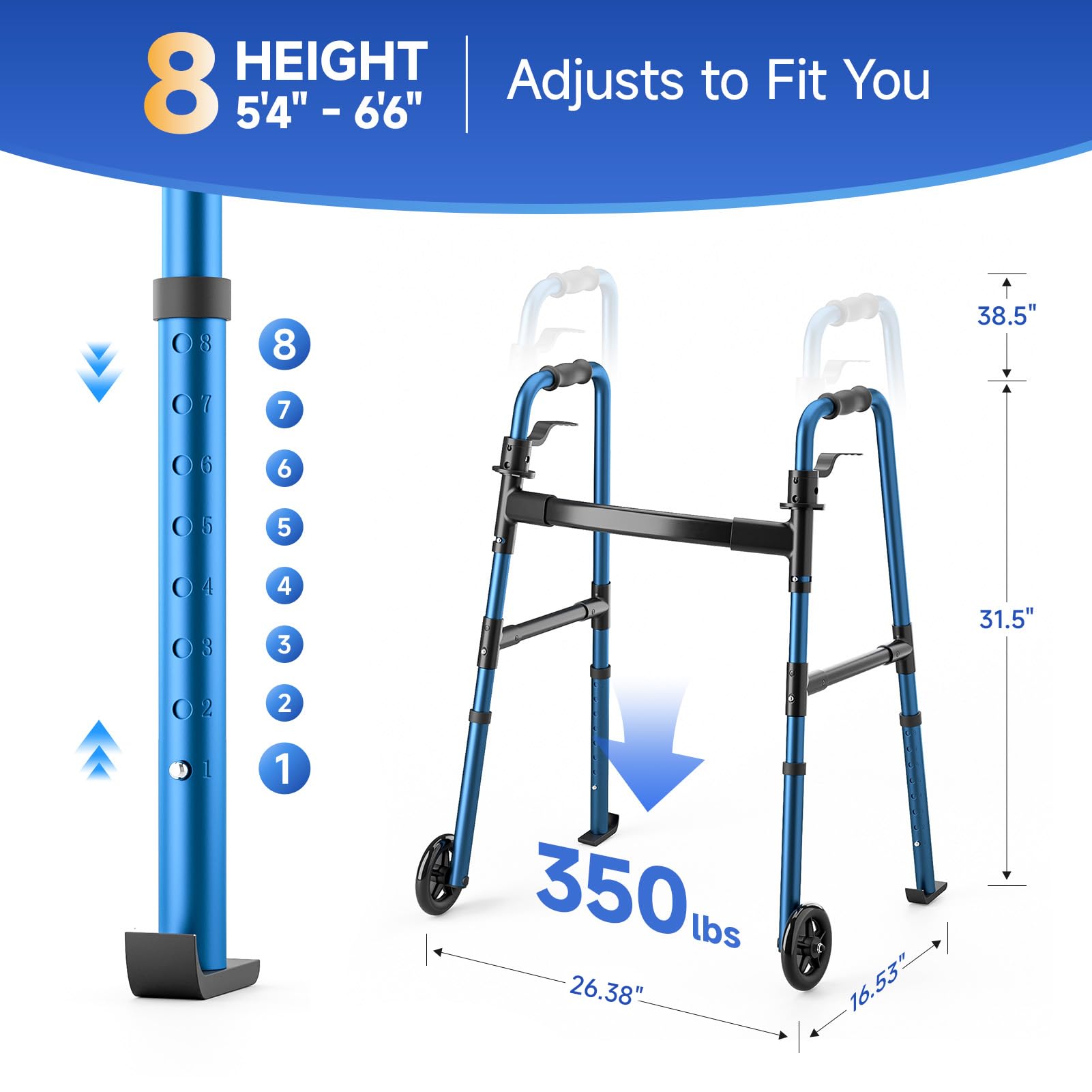 Loyoda Folding Walker for Seniors, Front Wheel Walker with Storage Bag & Rear Ski Glides, Height Adjustable, 350lbs Capacity, Blue