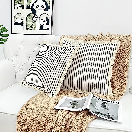 LMYUHONG Linen Throw Pillow Covers 18x18 Set of 2, Black Striped Beige Pillow Covers with Fringe, Boho Decorative Pillows Cover Farmhouse Square Cushion Case for Sofa Couch Bed Living Room Decor