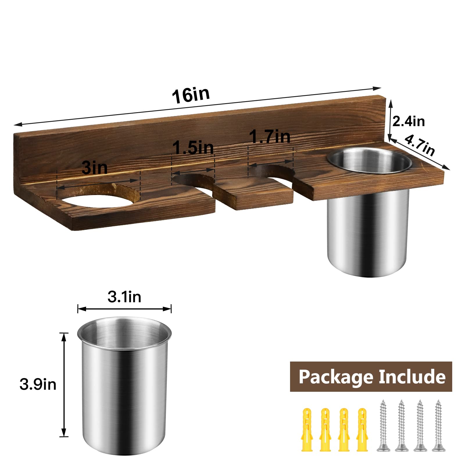 seashpea Hair Tool Organizer Wall Mounted - Wooden Dryer Holder, Blow Dryer Holder for Bathroom, Rustic Styling Tools Organizer for Flat Iron, Curling Wand, Hair Straighteners, Brushes, Brown