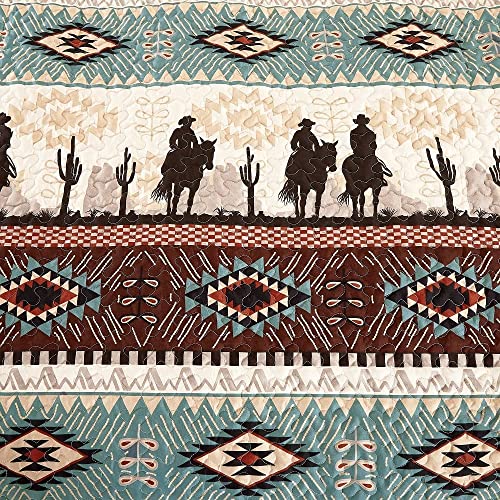 Jaba/WPM Western Teal/Beige/Burgundy Cowboy Desert Southwestern Print Bedspread 3 Piece west Theme Cabin Lodge Ranch Design Coverlet Quilt Set-Kadence 22366 (Queen), Teal, Beige, Taupe Burgundy