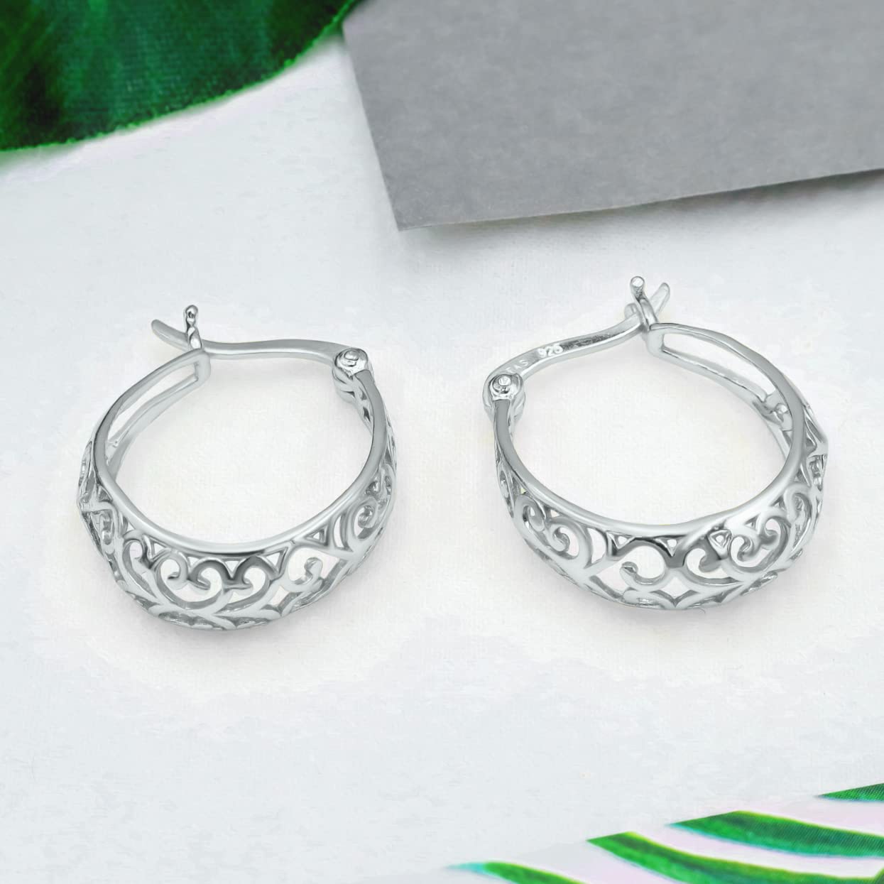 Silver Hoop Earrings for Women Girls - Oval Filigree Trendy Fashion Hoop Earrings – Sterling Silver Earrings for Women Girls Gift Holiday