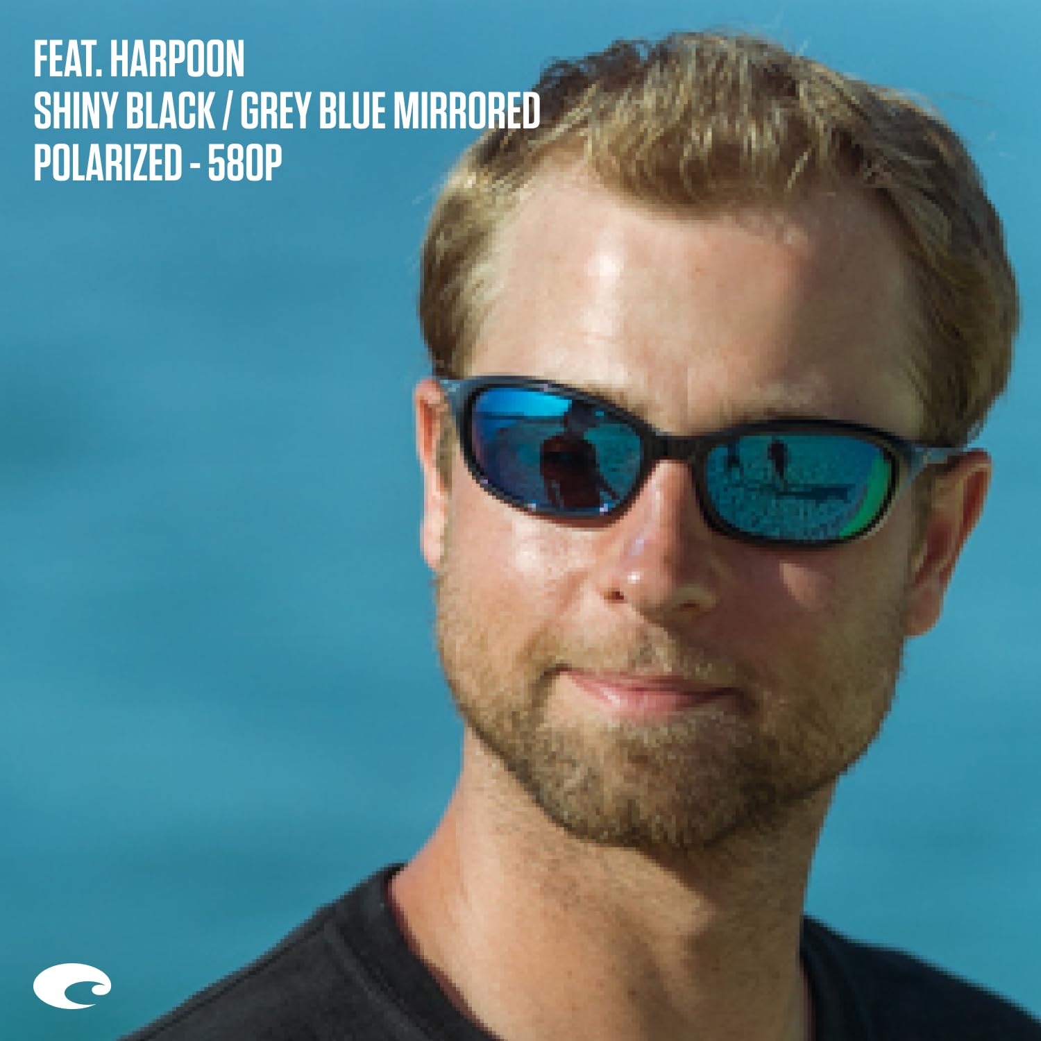 Costa Del Mar Mens Harpoon Oval Sunglasses, Shiny Black/Grey Blue Mirrored Polarized-580P, 62 mm