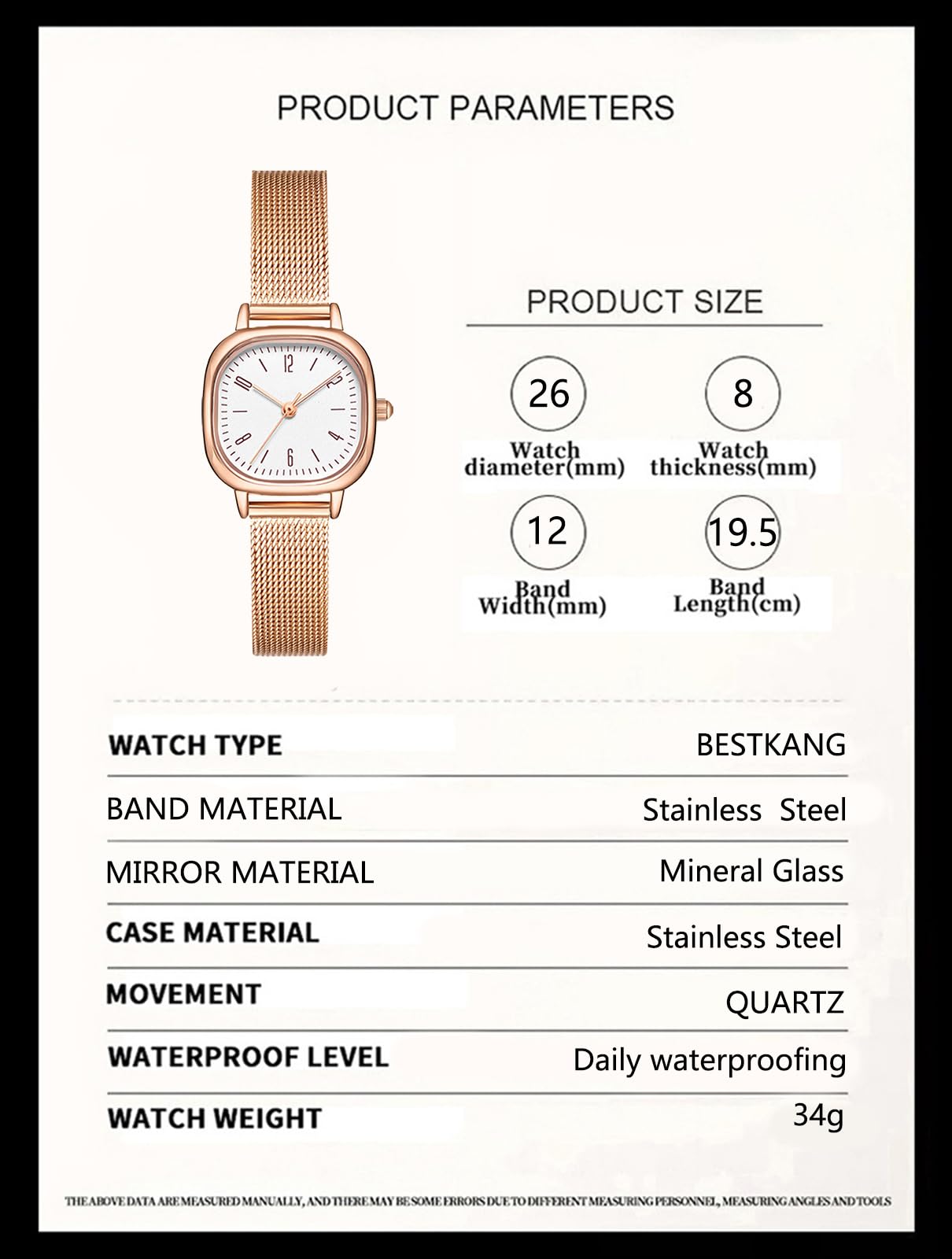 BESTKANG Women's Mesh Bracelet Watch Retro Square Stainless Steel Ladies Watch Dress Waterproof Analog Quartz Watches for Women (Gold White)