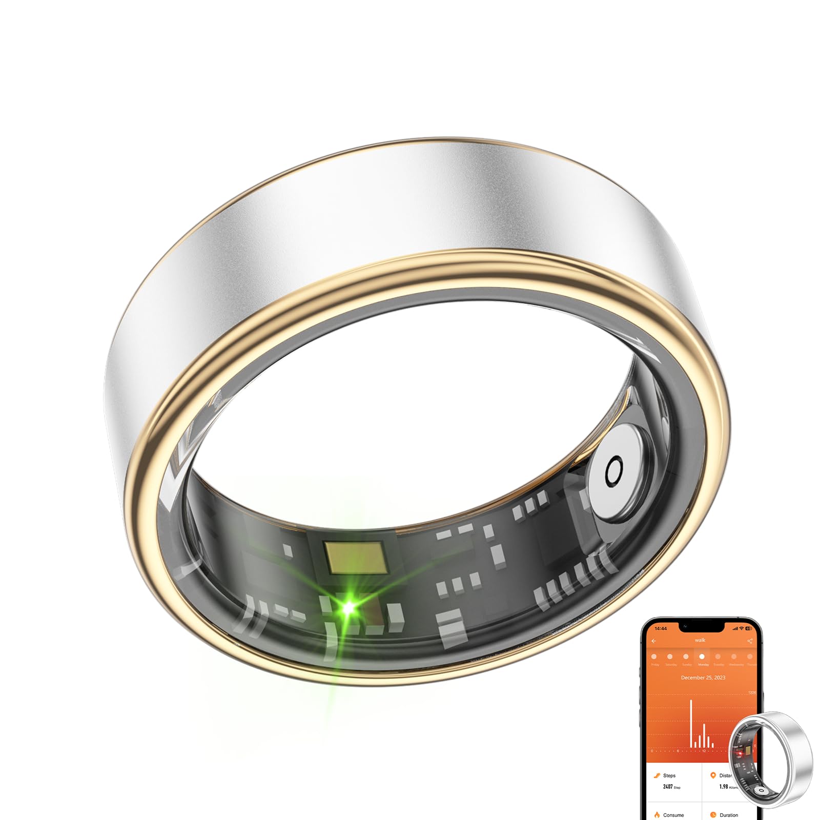 Smart Ring Health Fitness Tracker, Size First with Sizing Kit, Activity & Sleep Tracker/Stress/Heart Rate Monitor, Waterproof Smart Ring for Men/Women, No App Subscription (Platinum, 12)