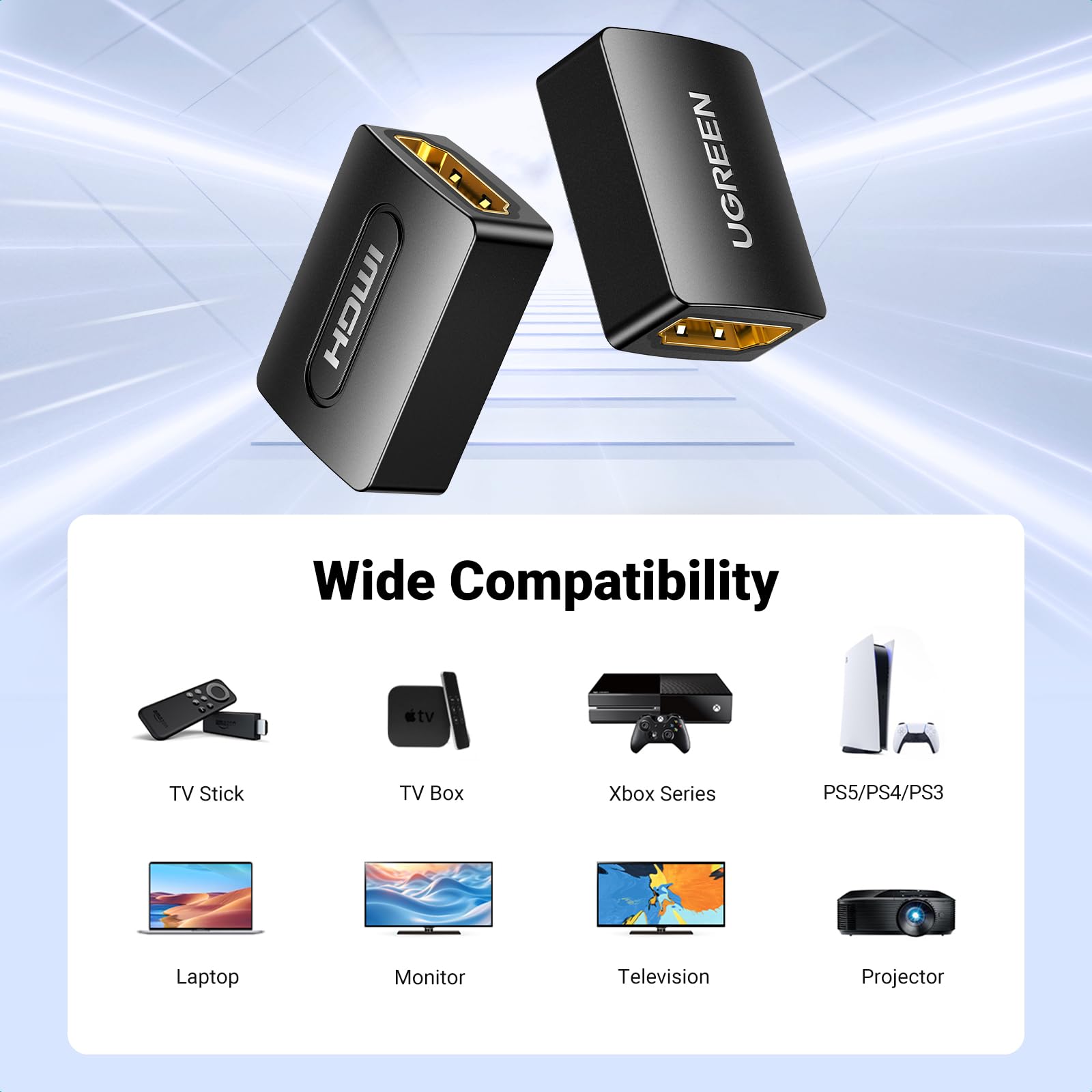 UGREEN HDMI Coupler 2 Pack, 4K@60Hz HDMI Female to Female Adapter HDMI 2.0 Extender for HDMI Cables 3D HDMI Connector Compatible with HDTV Roku TV Stick Chromecast Nintendo Switch Xbox PS5/4 Laptop PC