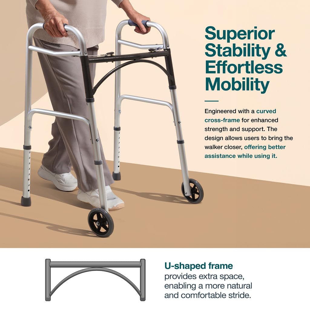 Medical King Silver Aluminum Rolling Walker for Seniors and Adults, 350 Pounds Weight Capacity, Foldable, Classic Style