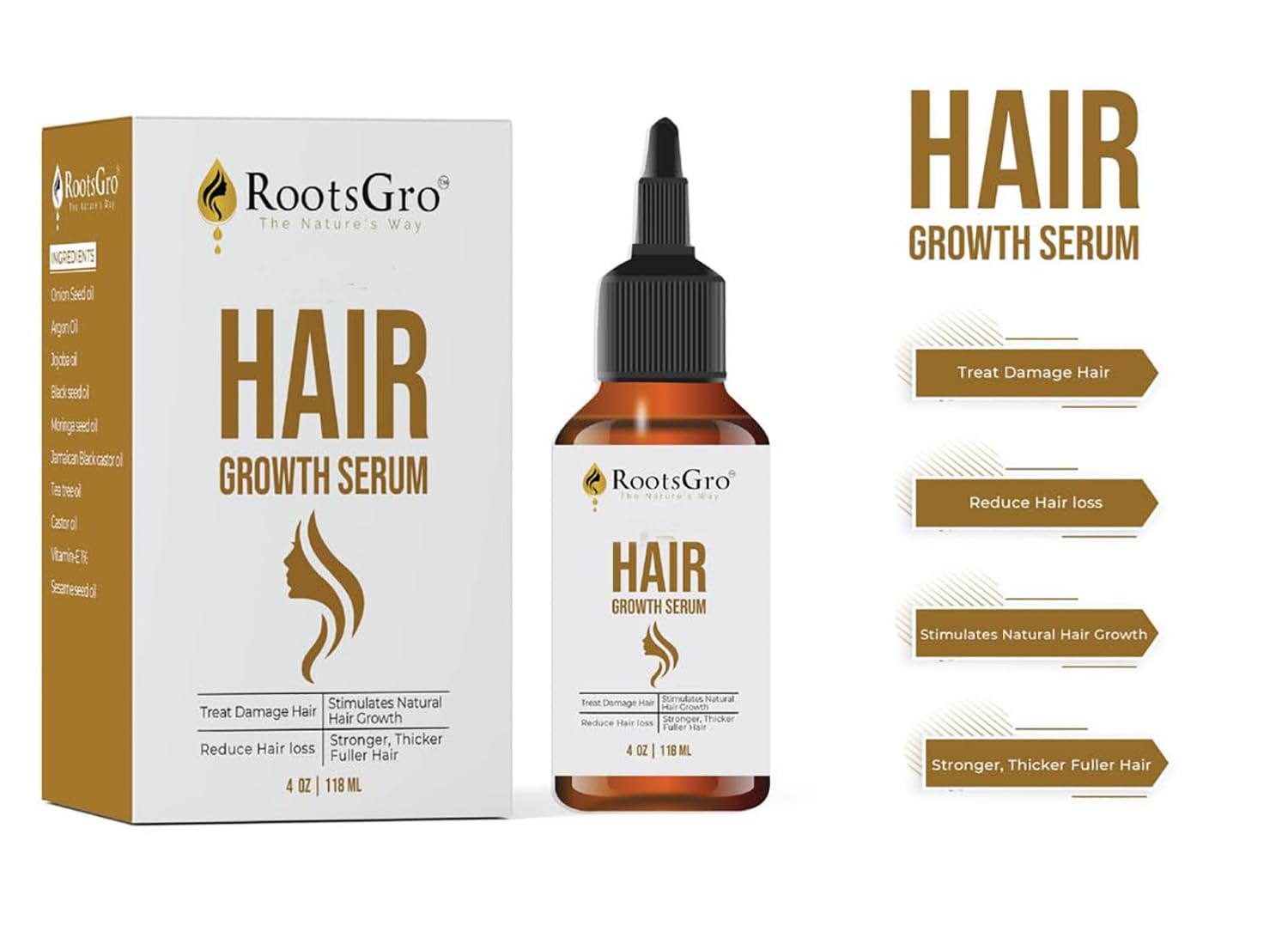 RootsGro 100% Natural Hair Growth Serum - Potentially Supports Hair Repair, Nourishes for Thicker, Fuller Hair - Infused with Argan, Jojoba, Castor Oils - Ideal for Daily Hair Care Routine - 4oz