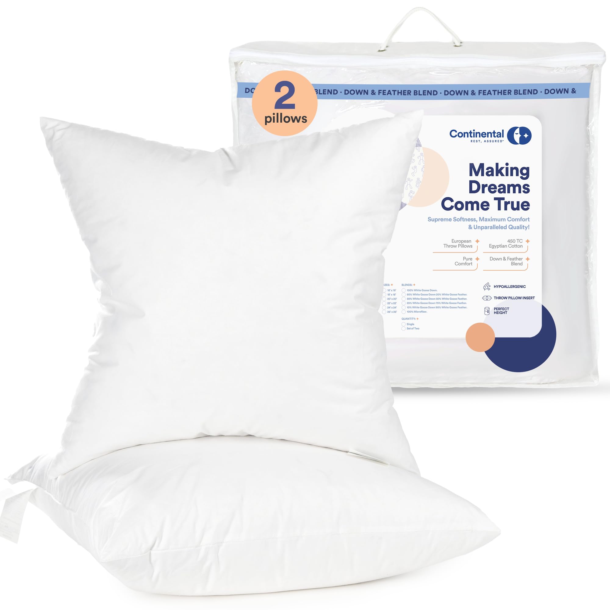 Continental Bedding Decorative Throw Pillow Goose Down and Feather Fill 10/90, 26x26 (2 Pack), White 2 Count