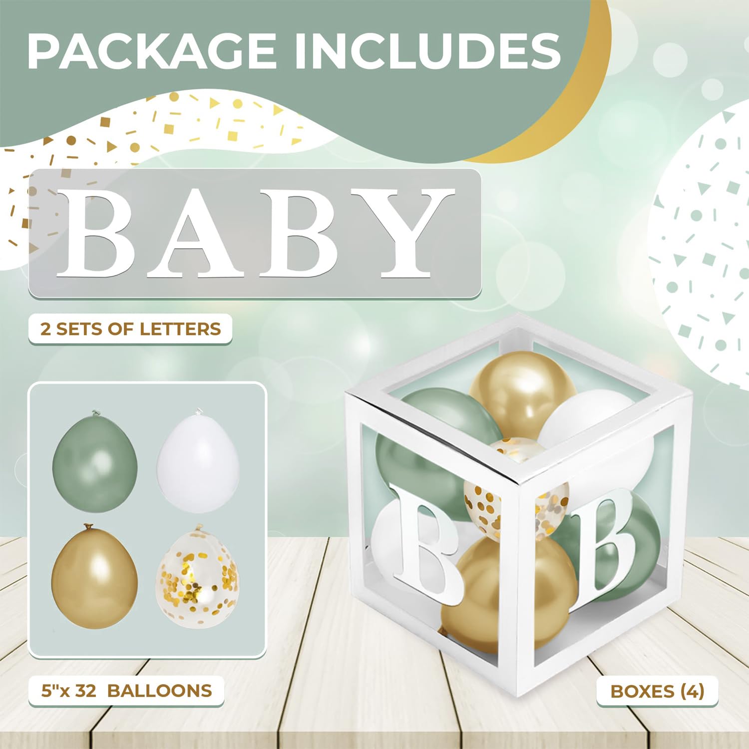 Balloon Garland Arch Kit – 146 Pcs Sage Green Balloons & Baby Shower Boxes with Letters – White Boxes with Sage-Green, Gold, Gold Confetti, and White Balloons