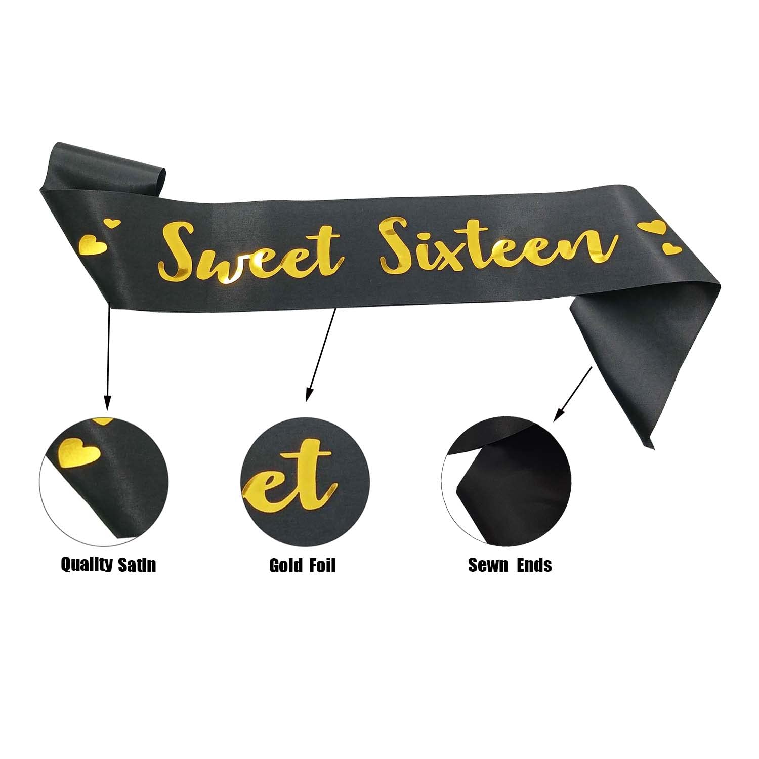 MGJSRNH 16th Birthday Sash, 'Sweet Sixteen' Sash for Girls or Boy,Gold Foil Black Satin Birthday Sash,Birthday Party Gift Decorations