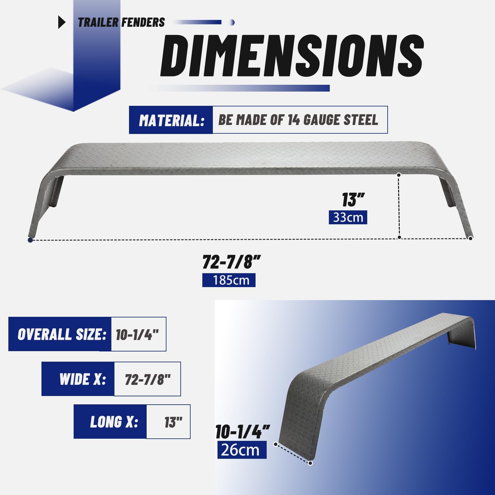 ECOTRIC Steel 14 Gauge Diamond Tread Plate Tandem Axle Trailer Fenders 72-7/8"x10-1/4"x13" (Fit 13"-15" Tires) Landscape Trailer Cargo Trailer Car Hauler Trailer Utility Trailer - 2 Pcs