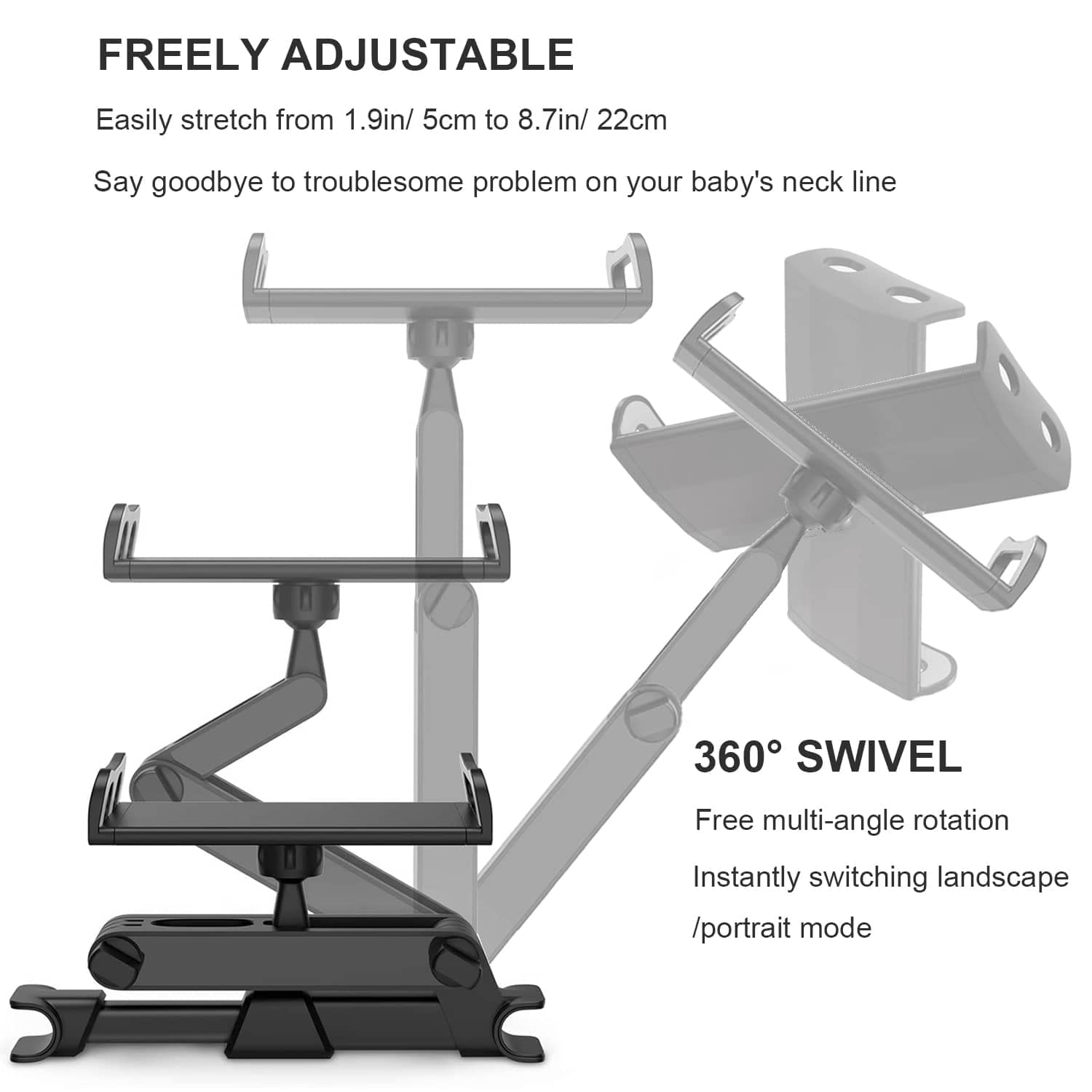 Timewall Car Headrest Tablet Mount Backseat Seat Universal Pad Phone Holder 360° Swivel Rotating Angle Adjustable Stretchable for iPad iPhone, Galaxy, Switch, 5-11" Device