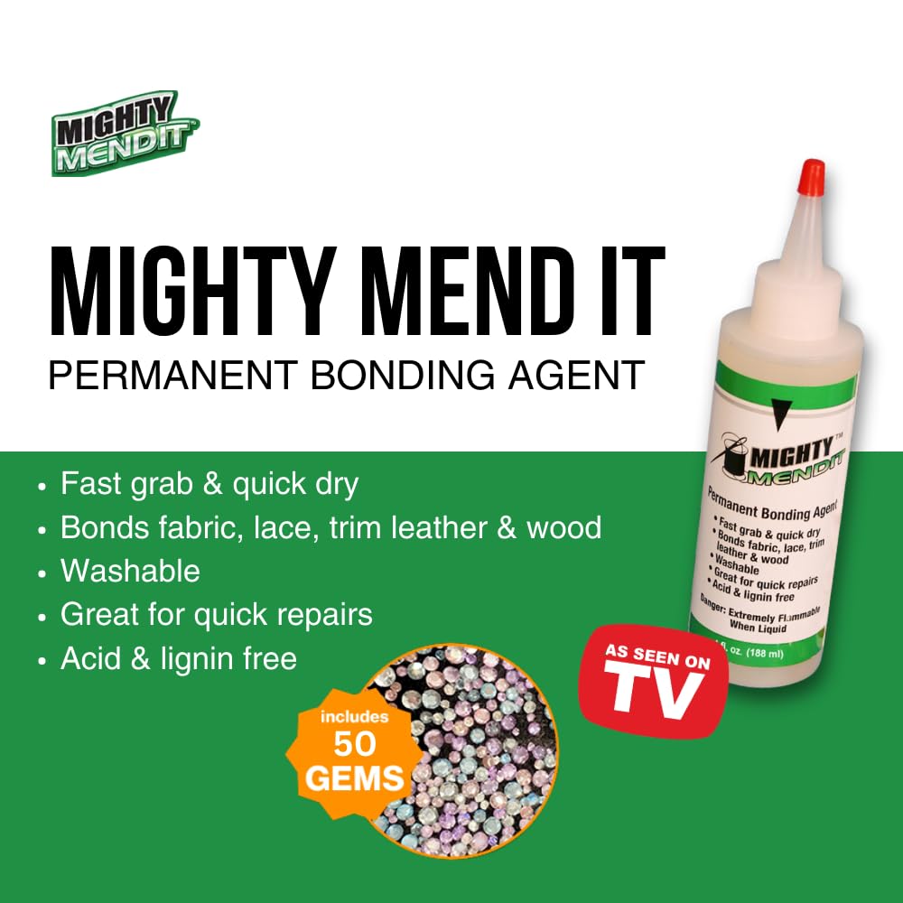Mighty MENDIT™, Permanent Fabric Adhesive, Flexible Stretchable Washable, Clear, 4 oz, Plus Mighty GEMIT™, Embellishing Adhesive, 1 oz. Includes 50 Gems