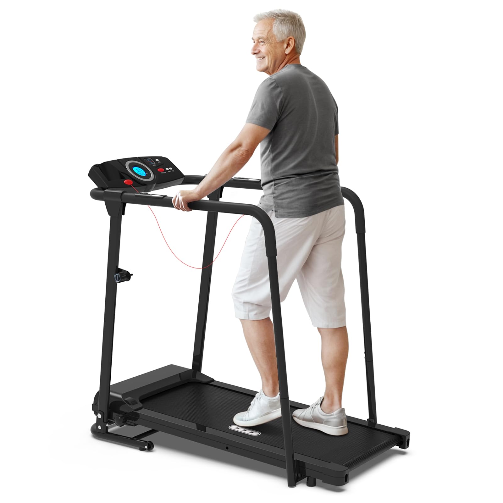 Redliro Treadmill for Seniors with Long Handrails - 300 lbs Capacity Walking Treadmill for Elderly with Cup Holder - Recovery Machine for Home Use with Clear, Non-Scrolling Display (Light Black)
