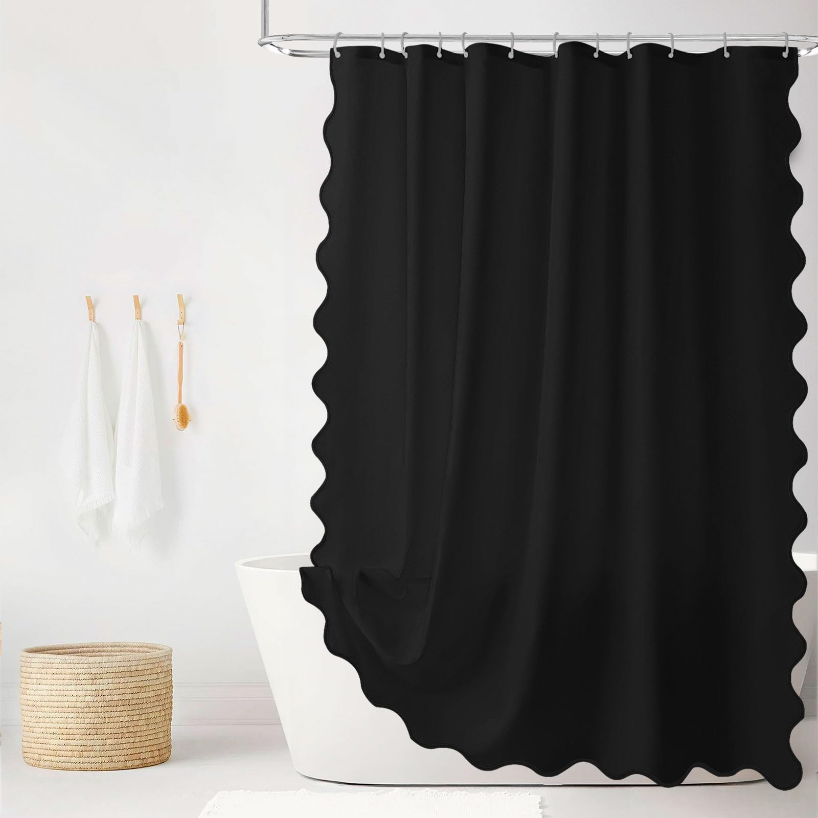 Seasonwood Black Scalloped Shower Curtain 72 x 72 Inches, Aesthetic Shower Curtain Elegant Pretty Shower Curtains Black