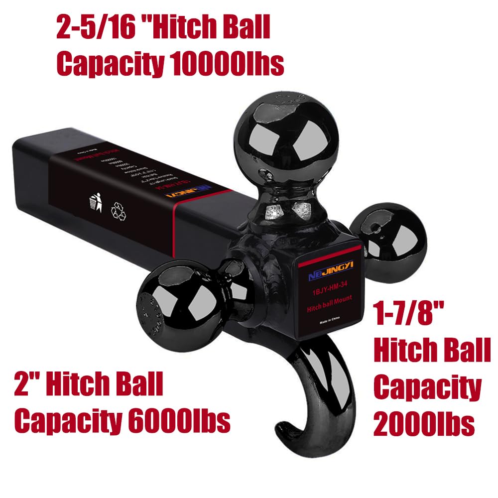 NBJINGYI 2" Trailer Hitch Tri Ball Mount with Hook 1-7/8", 2", 2-5/16" Black Plated Balls and Hook