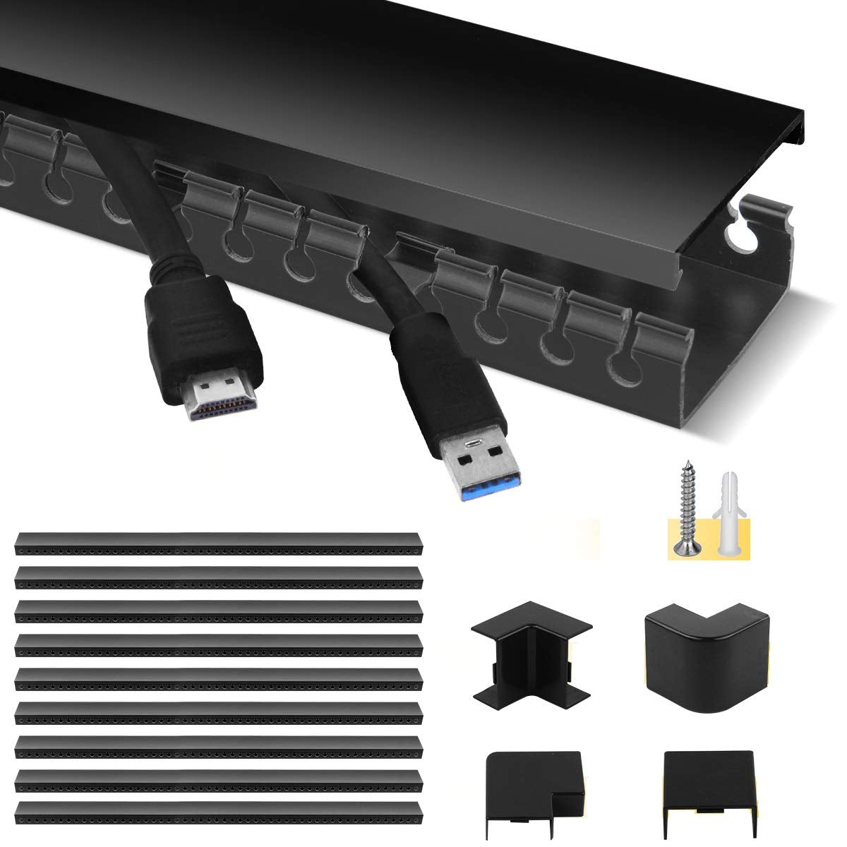 Cable Raceway Kit, Stageek Cable Management System Open Slot Wiring Raceway Duct with Cover, On-Wall Concealer Organizer for Cable Pass to Hide Wires Cords for TVs, Computers - 9x15.4inch, Black
