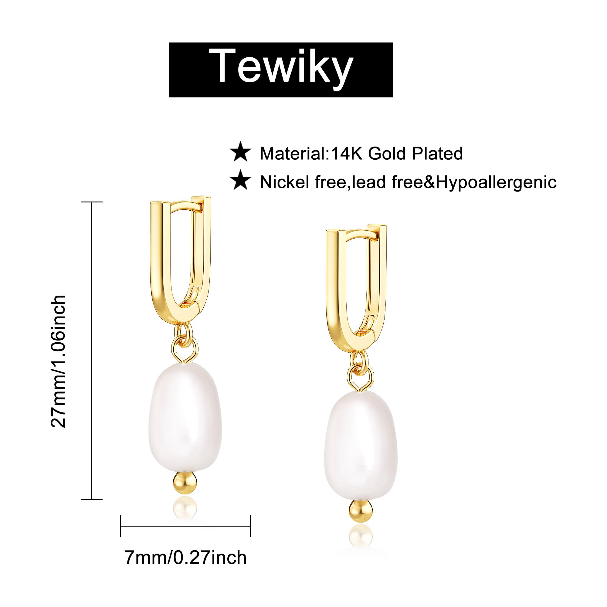 TEWIKY 14K Gold Plated Dangle Huggie Pearl Earrings for Women,Dainty Non Tarnish Wedding Earrings for Her Hypoallergenic Pearl Drop Earrings for Women Pearl Jewelry