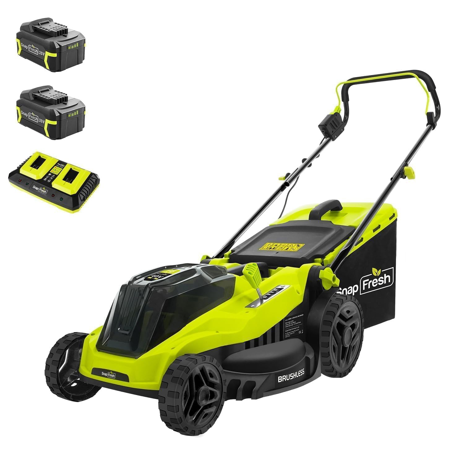 SnapFresh Electric Lawn Mower Cordless - 40V (2 x 20V) 16” Brushless Push Lawn Mowers with 4.0Ah Battery x 2 and Fast Charger Included - Battery Operated Lawn Mower with Bagger