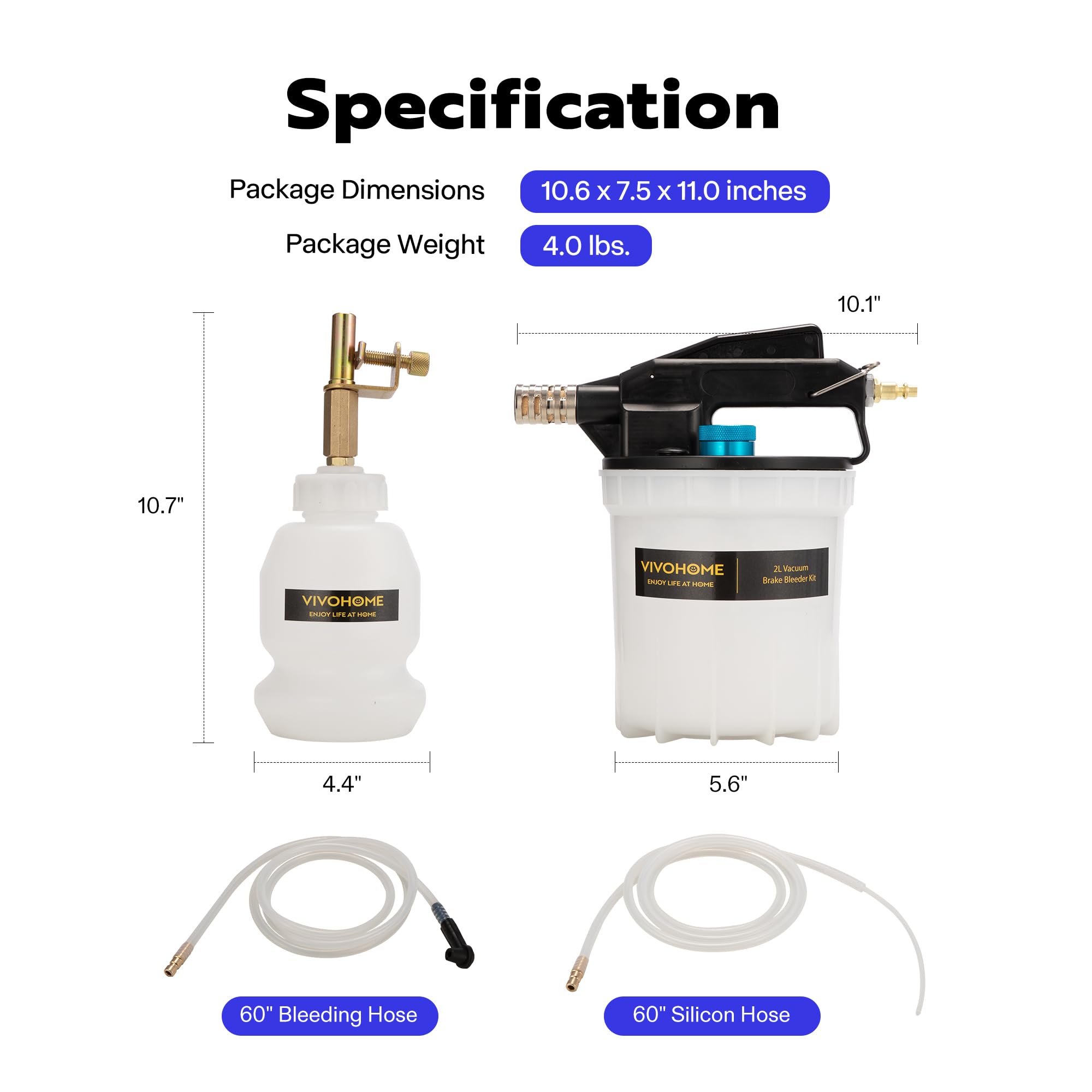 VIVOHOME 2L Vacuum Brake Bleeder Kit with 1L Refilling Bottle, 2PCS 60 Inch Hoses, Adapters