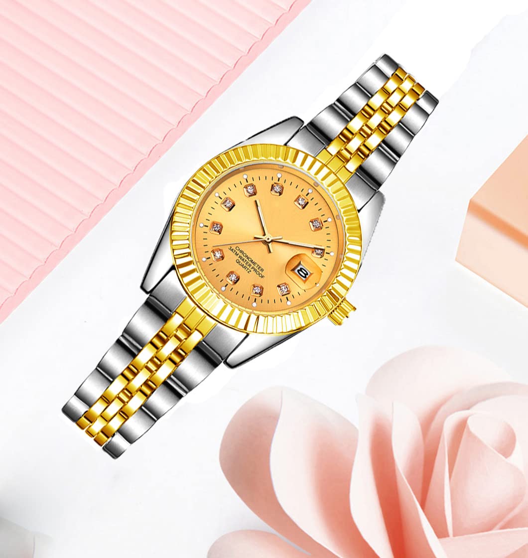 BESTKANG Luxury Womens Quartz Analog Watches Rhinestone Calendar Waterproof Luminous Gold Silver Two Tone Stainless Steel Watches (Silver Gold)