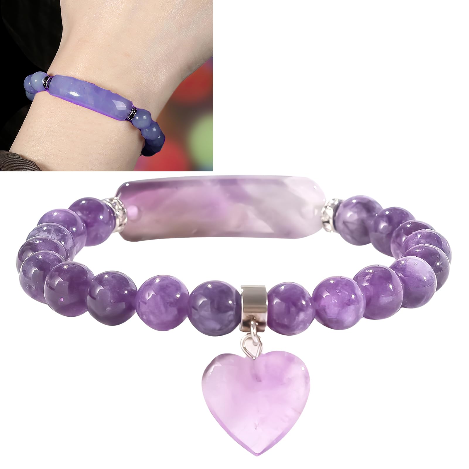 Jawfait Amethyst Healing Stone Bracelet for Women,Heart Charm Beads Crystal Energy Bracelet Stretch 8mm Handmade Jewelry