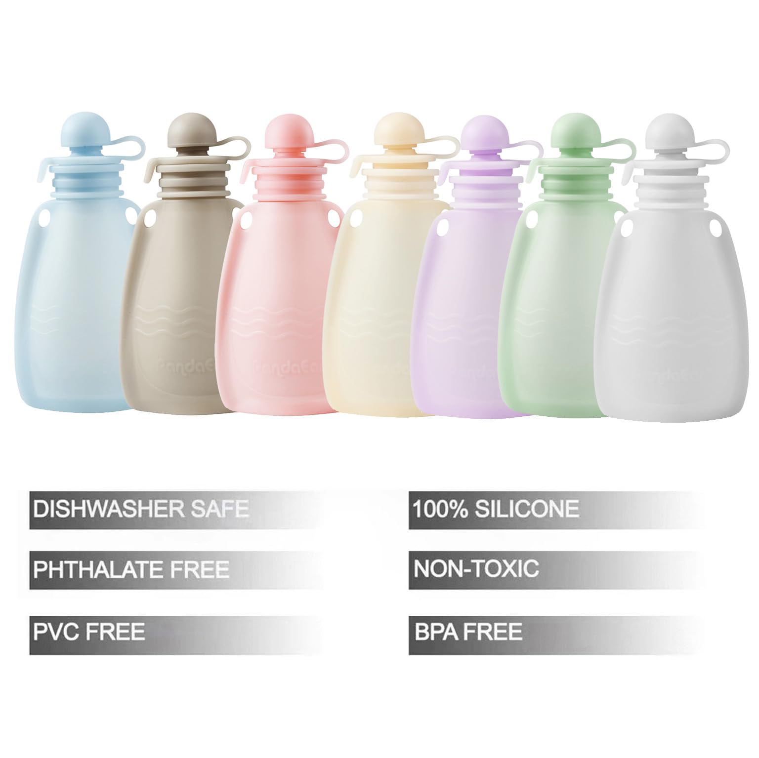 PandaEar Reusable Silicone Baby Food Pouches, 7 Pack Squeeze Pouches for Toddler Kids, BPA-Free Silicone Refillable Baby Food Storage, 5.5 oz /150 ml