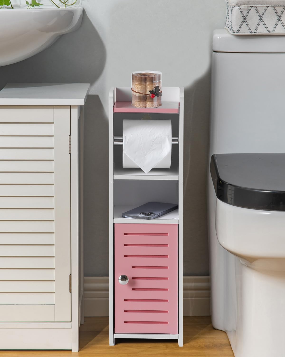 AOJEZOR Toilet Paper Holder Stand: Small Bathroom Storage Cabinet Mini - Jelly Pink -White