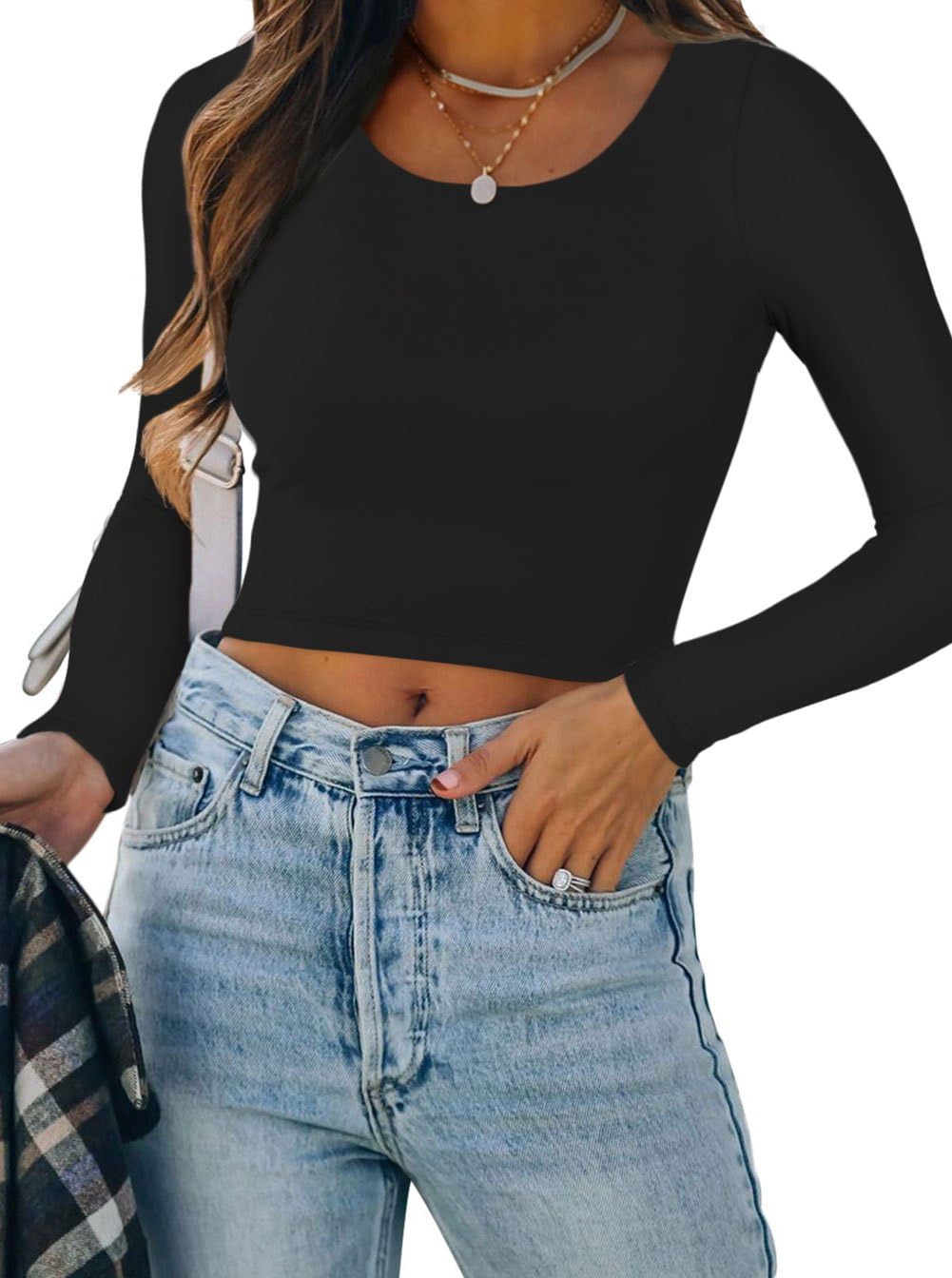 REORIA Women's Fall Casual Basic Long Sleeve Crew Neck Double Lined Crop Tops Y2K Trendy Tight Cropped T Shirts Plus Size Black X-Large
