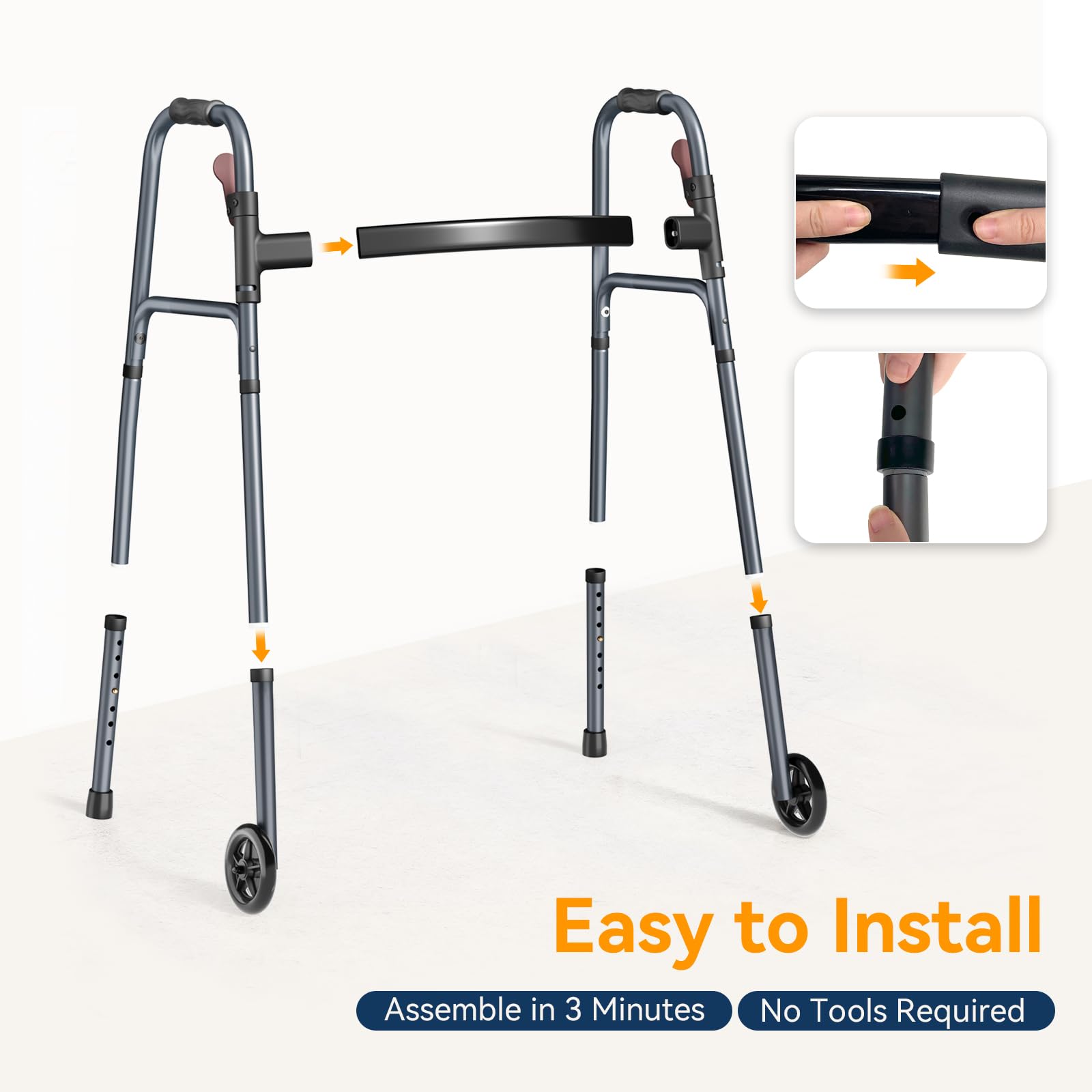 Folding Walker for Seniors, Rolling Walker with 8 Height Adjustments, One-Hand Folding, 300lbs Capacity, Lightweight Aluminum Front Wheel Walker for Elderly Adults and Handicap