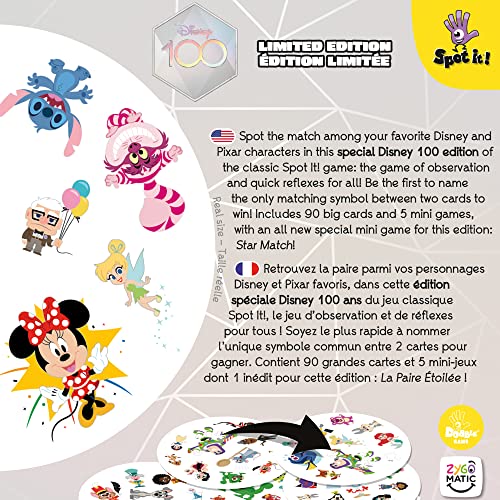 Spot It! Disney 100th Anniversary - Celebrate Disney & Pixar Characters in a Classic Observation Game! Fun Matching Game for Kids & Adults, Ages 6+, 2-8 Players, 15 Minute Playtime, Made by Zygomatic