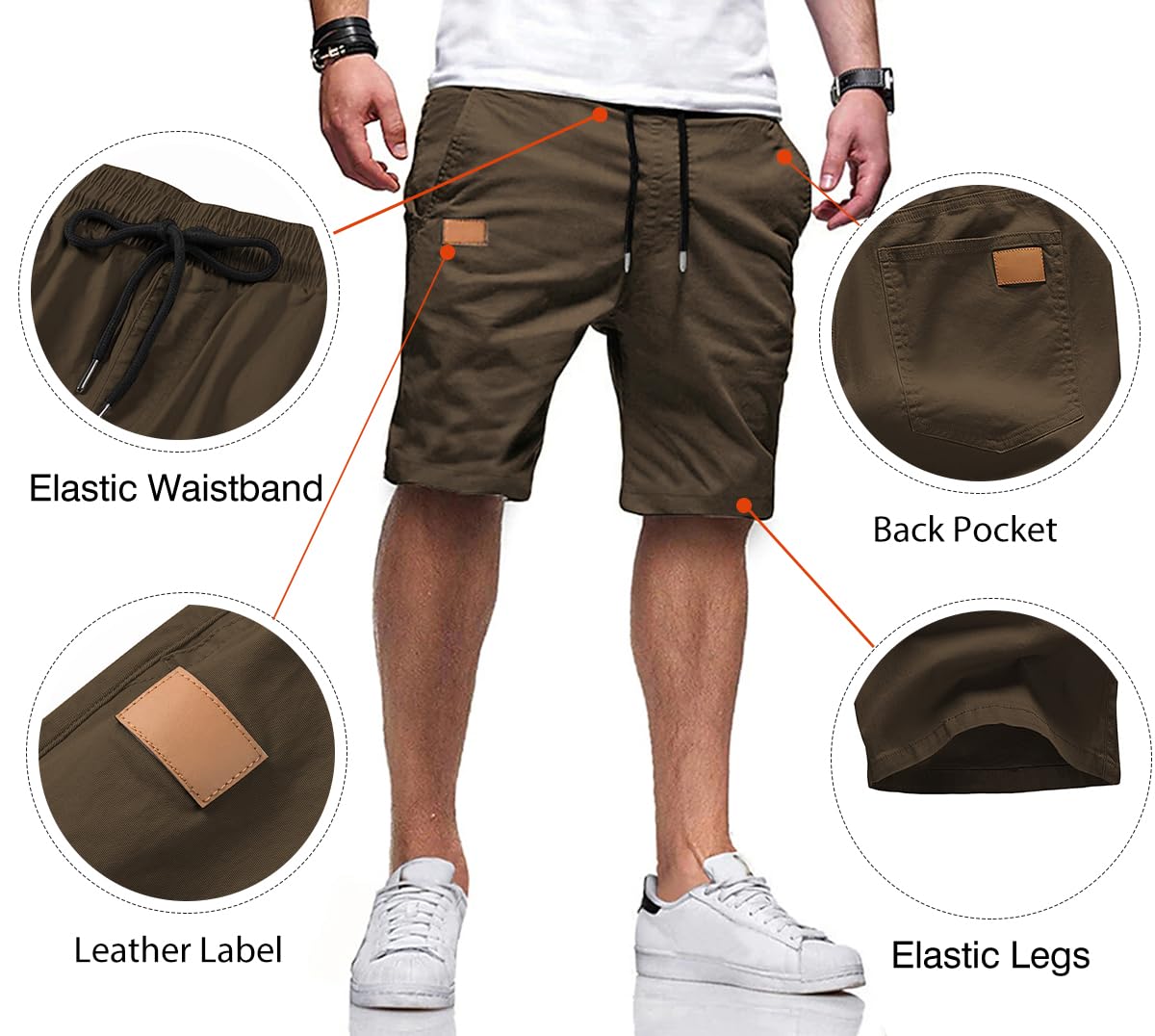 JMIERR Mens Casual Shorts - Cotton Drawstring Summer Beach Stretch Waist Twill Chino Work Dress Golf Shorts with Pockets for Men, US 34(M), S2 Brown