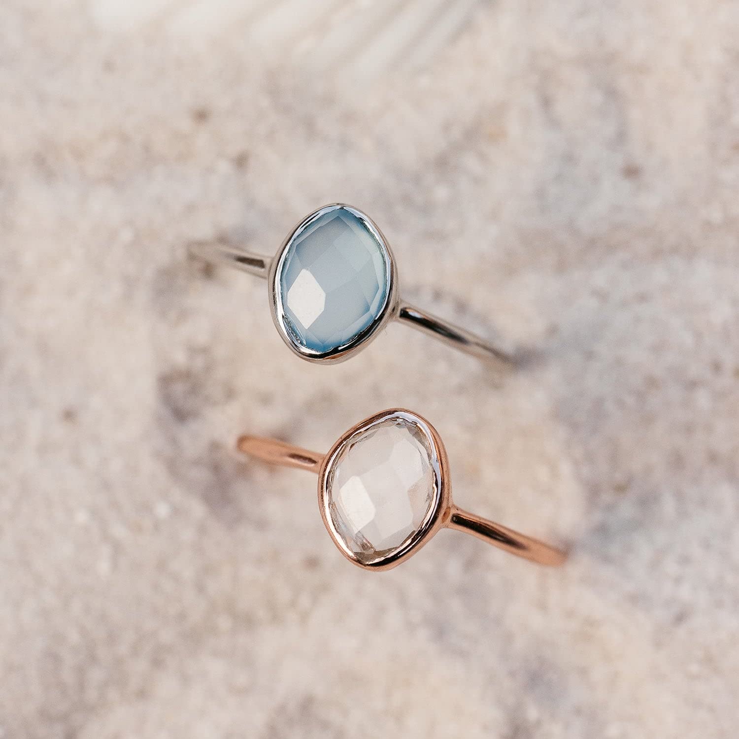 Pura Vida Ring Silver Organic Stone Ring - Handmade Ring with Blue Chalcedony, Brass Base with Rhodium Plating - Silver Rings for Women, Cute Rings, Boho Jewelry for Women - Size 9
