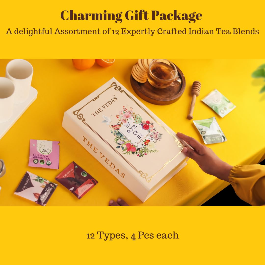 The Vedas Book of Tea Collection | Assorted Tea Bags | Mother's Day Gift Set | 12 Exotic Herbal Blends | 4 Units Each, Total 48 | Best for Corporate Gifting | Gift Hamper